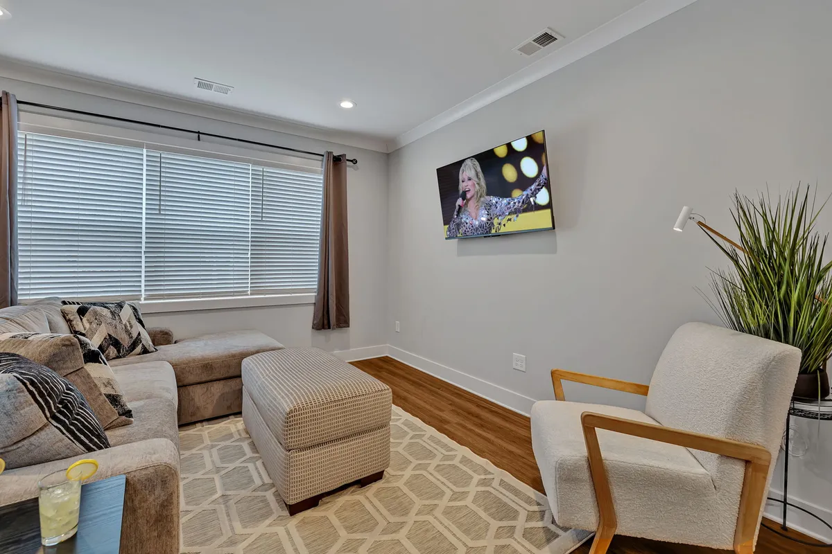 A cozy living room with a sofa, television, decorative plant, ottoman, and natural light from the window, set up for watching TV, relaxing, or entertaining guests.