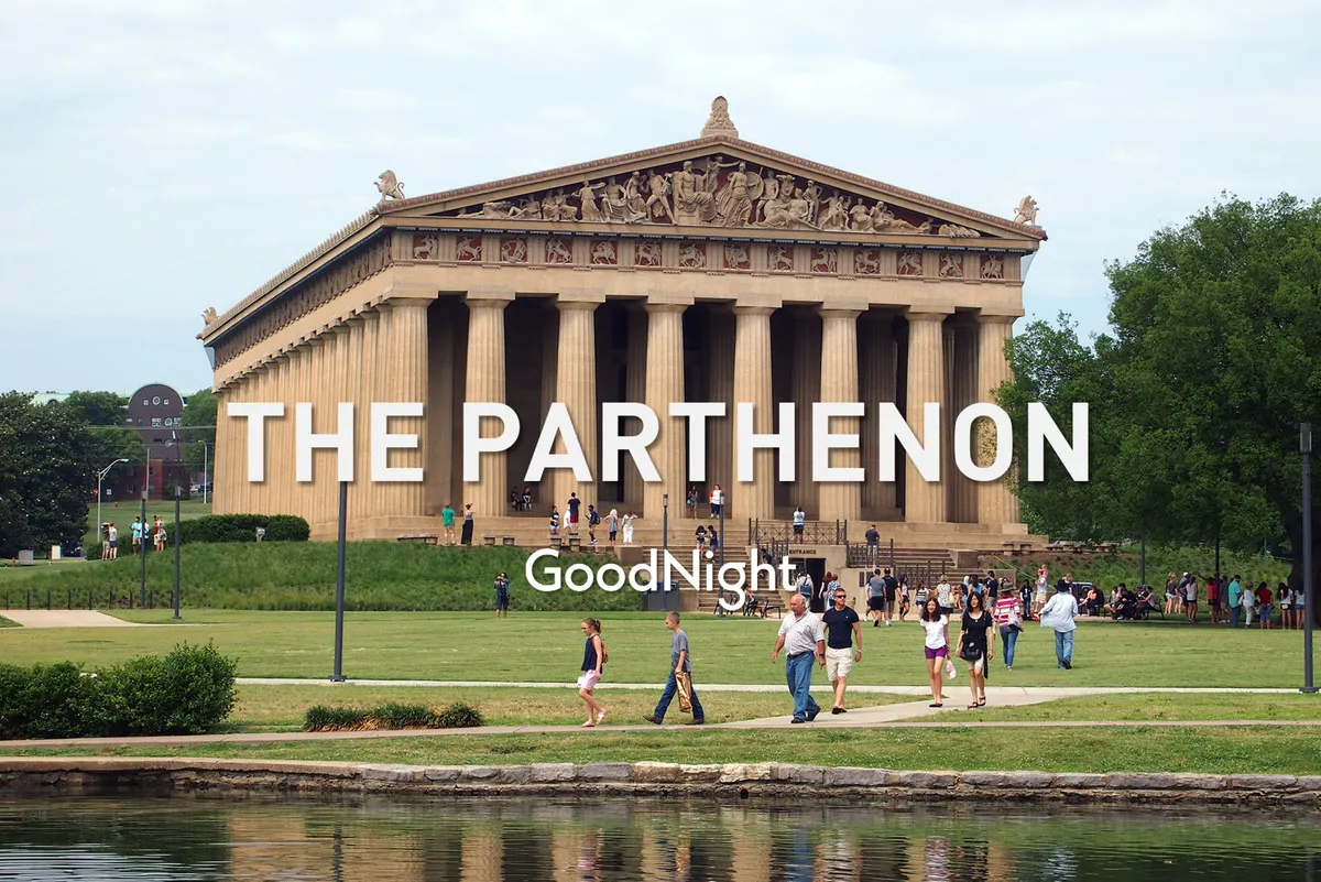 The image shows the Parthenon in Centennial Park, surrounded by green lawns, reflective water, and cheerful visitors enjoying the outdoors. The iconic façade and relaxed atmosphere evoke the appeal of one of Nashville’s top family-friendly destinations.